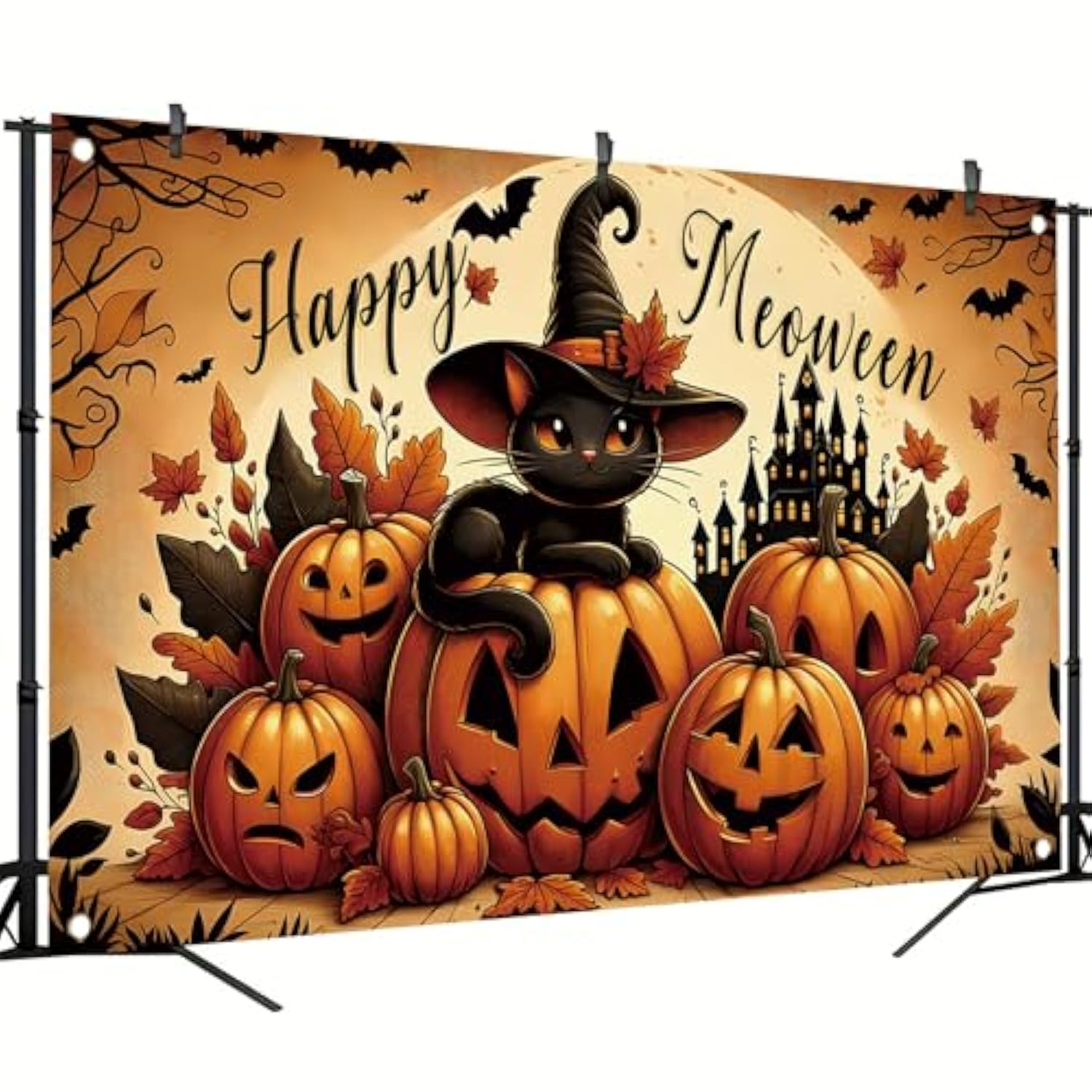 Halloween Backdrop 71x43 Inch Black Cat Pumpkin Castle Bat Party Photo Banner