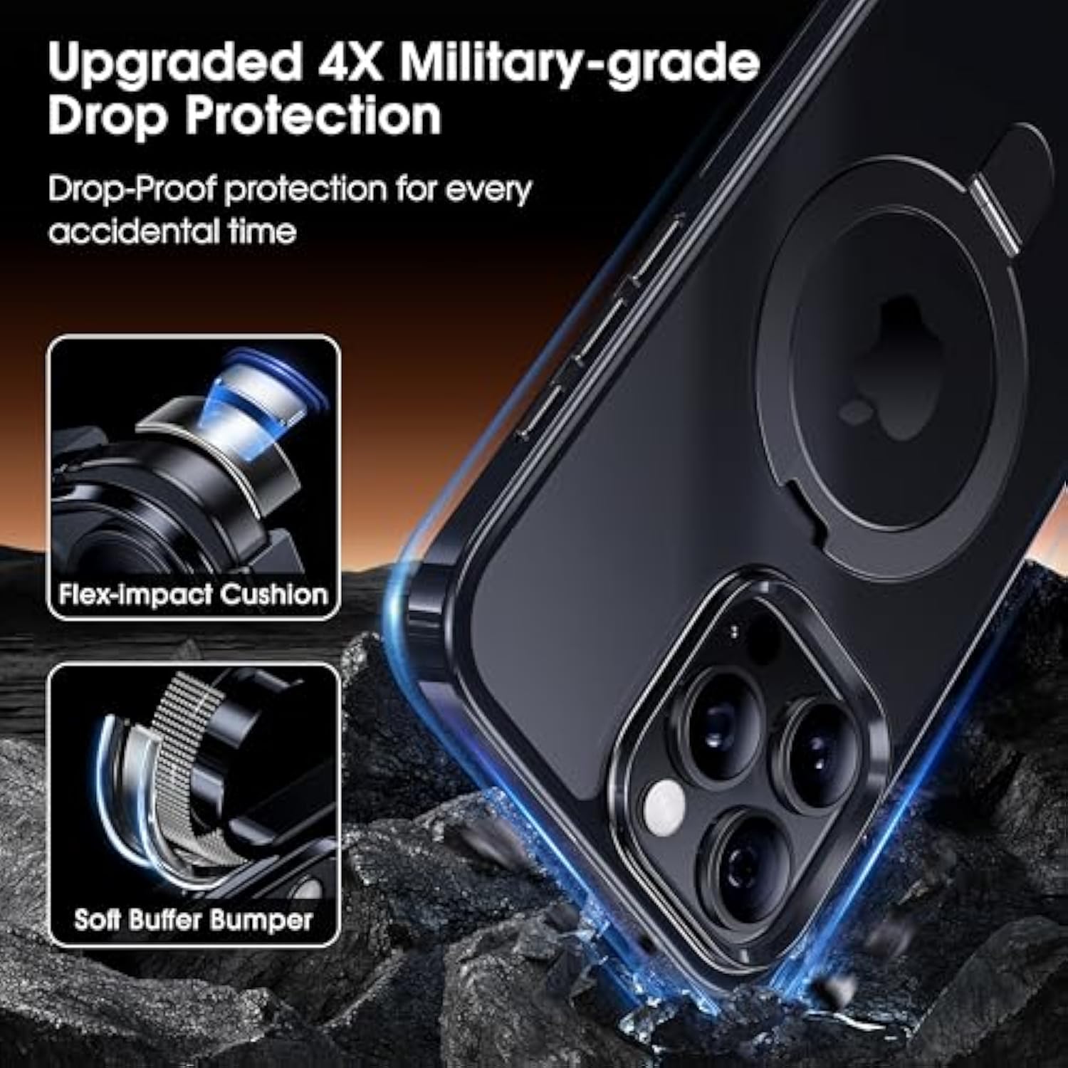 Titanium Stand Case For Iphone 16 Pro, Polished Black Titanium, Grade Drop Protection, Magnetic Stand, Slim 6.3 Inch Phone Case
