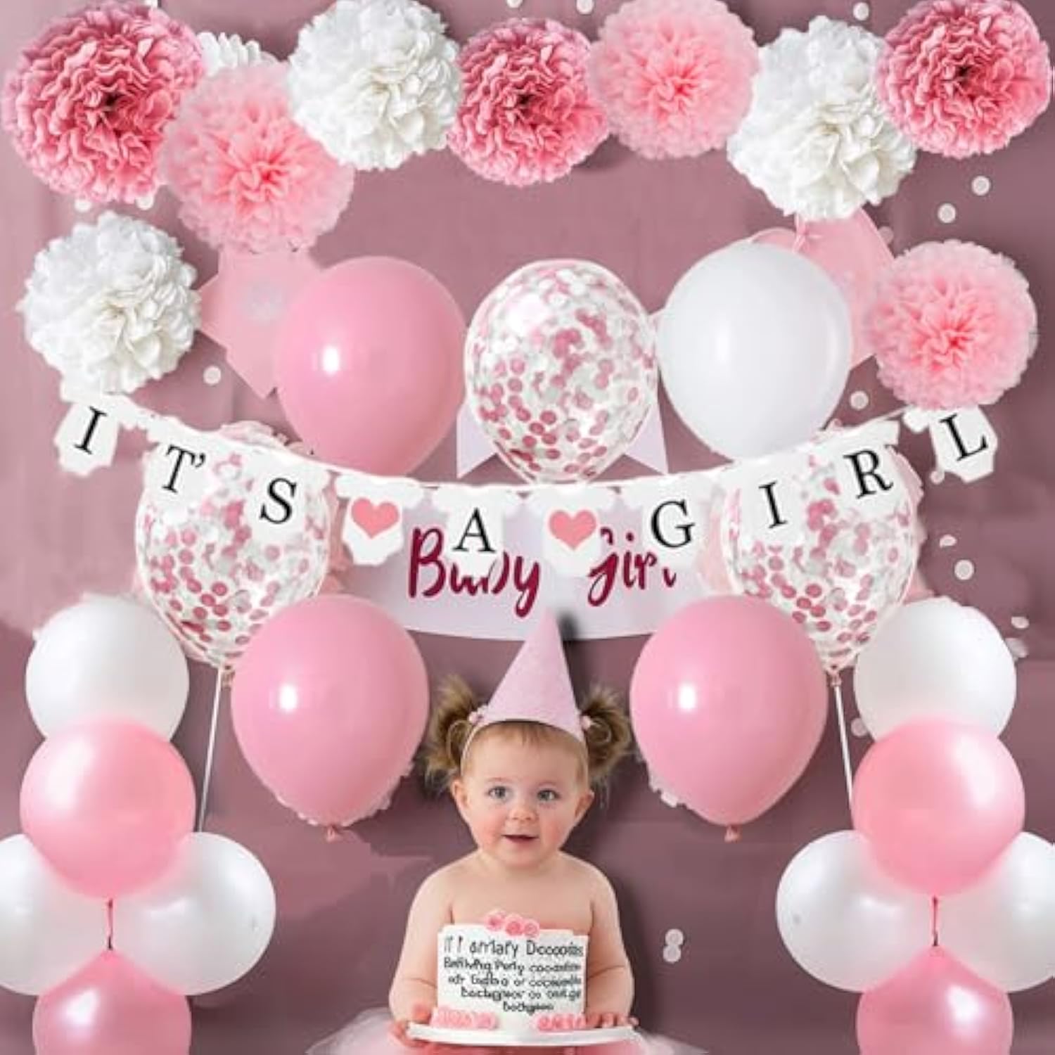 "It's A Girl" Baby Shower Decorations Banner & Paper Pom Poms for Girl Party Decor