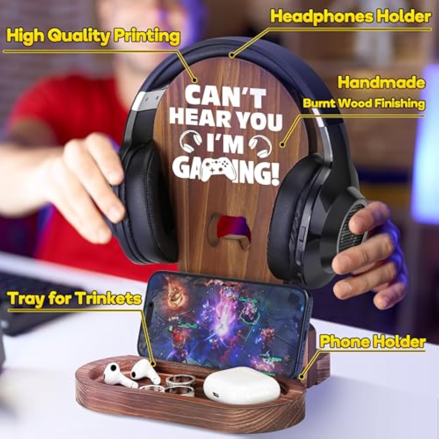 '-Gamer Gifts For Men Teenage Boy, Gamer Room Decor For Brother, Gaming Gifts For Son, Boyfriend, Husband, Gamer Room Accessories Stuff, Wooden Headset Stand - Can'T Hear You I'M Gaming