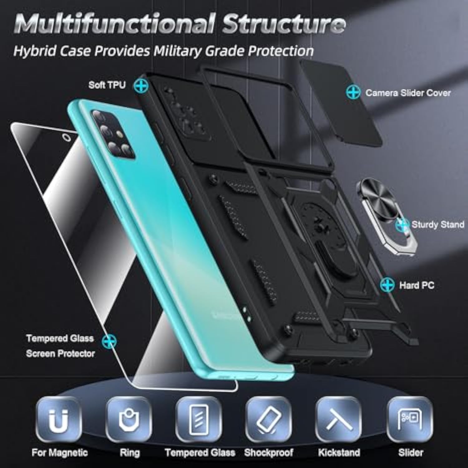 For Samsung Galaxy A51-Phone Case 4G (Not Fit 5G): Samsung A51 Phone Case With Slide Camera Cover+Glass Screen Protector, Military-Grade Cell Cover With Metal Ring Stand Samsung A 51 4G, Black