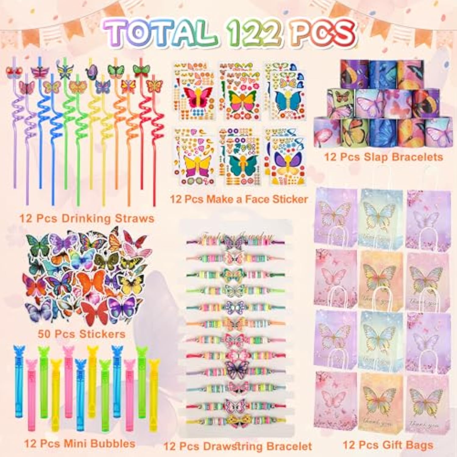 122 Pcs Butterfly Party Favors Included Straw Slap Bracelets Make Your Own Butterfly Stickers And Gifts Bags For Butterfly Birthday Party Supplies