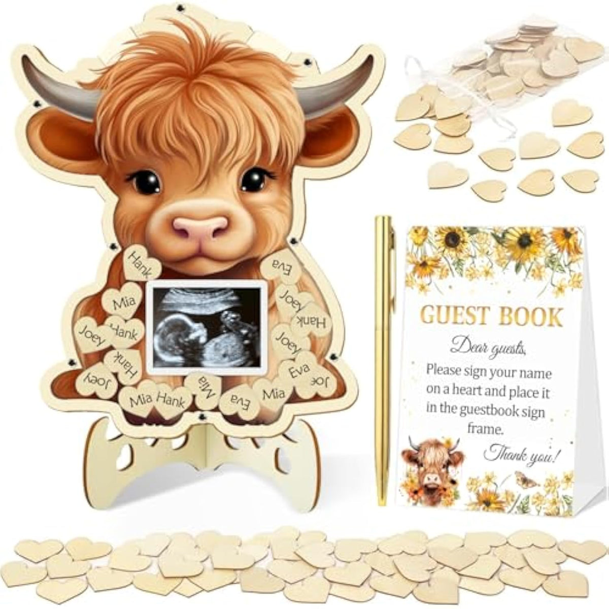 65 Pcs Highland Cow Baby Shower Decorations Guest Book, Baby Shower Guest Book Alternatives With Photo Frame, 60 Wood Slices Cow Baby Shower Guest Book For Boys Grils Baby Shower