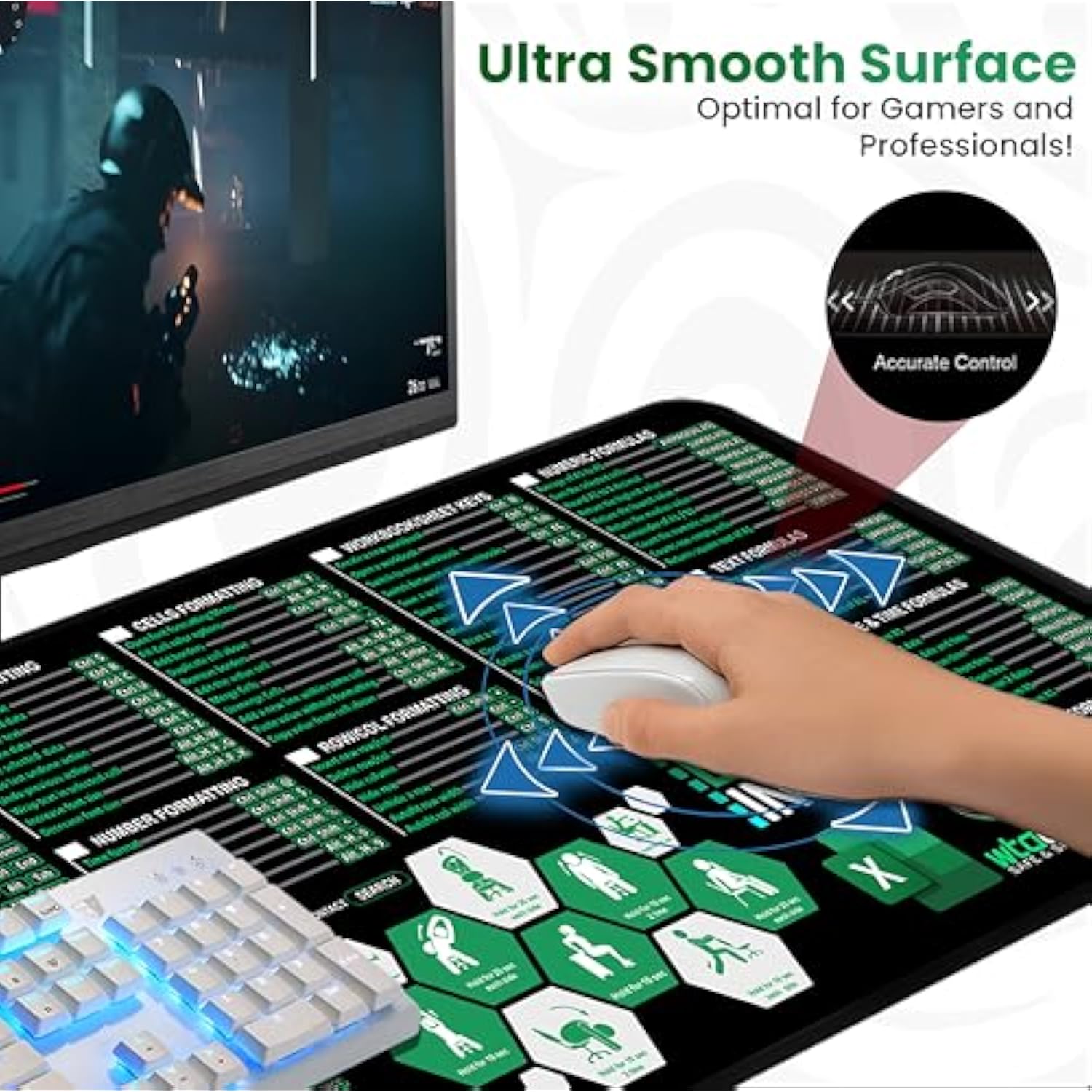 Excel Shortcuts Mouse Pad - Extended Xl Office Keyboard Mat (31.5" X 11.8") Inch, Stitched Edges | Non-Slip Base Excel Cheat Sheet Desk Pad