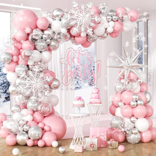 153pcs Winter Balloon Arch with Pink Silver Snowflake Balloons