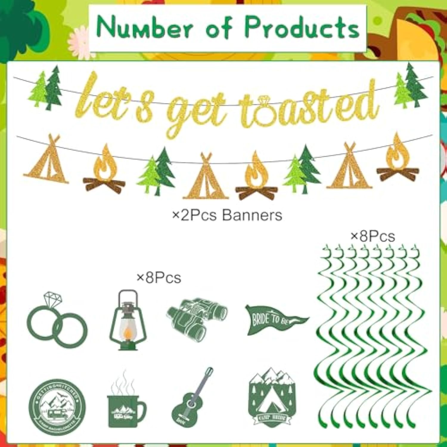 10Pcs Camp Bachelorette Decorations, "Let's Get Toasted" Banner & Hanging Swirls