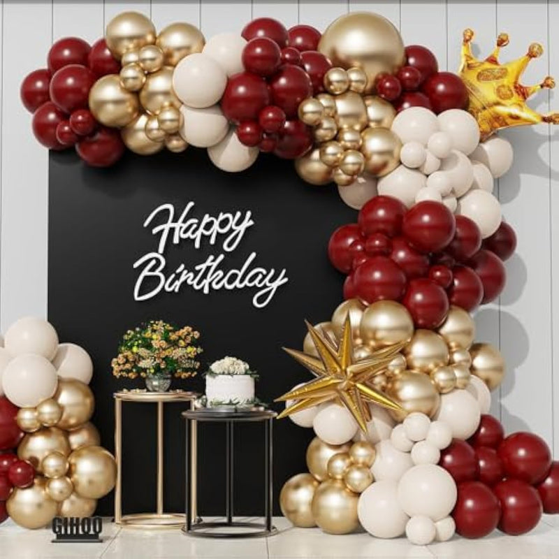 Burgundy Balloon Arch Garland Kit 148Pcs Boho White Sand Burgundy And Gold Chrome Latex Balloons With Crown Mylar Balloon For Wedding Bridal Shower Birthday Wine Graduation Party Decoration
