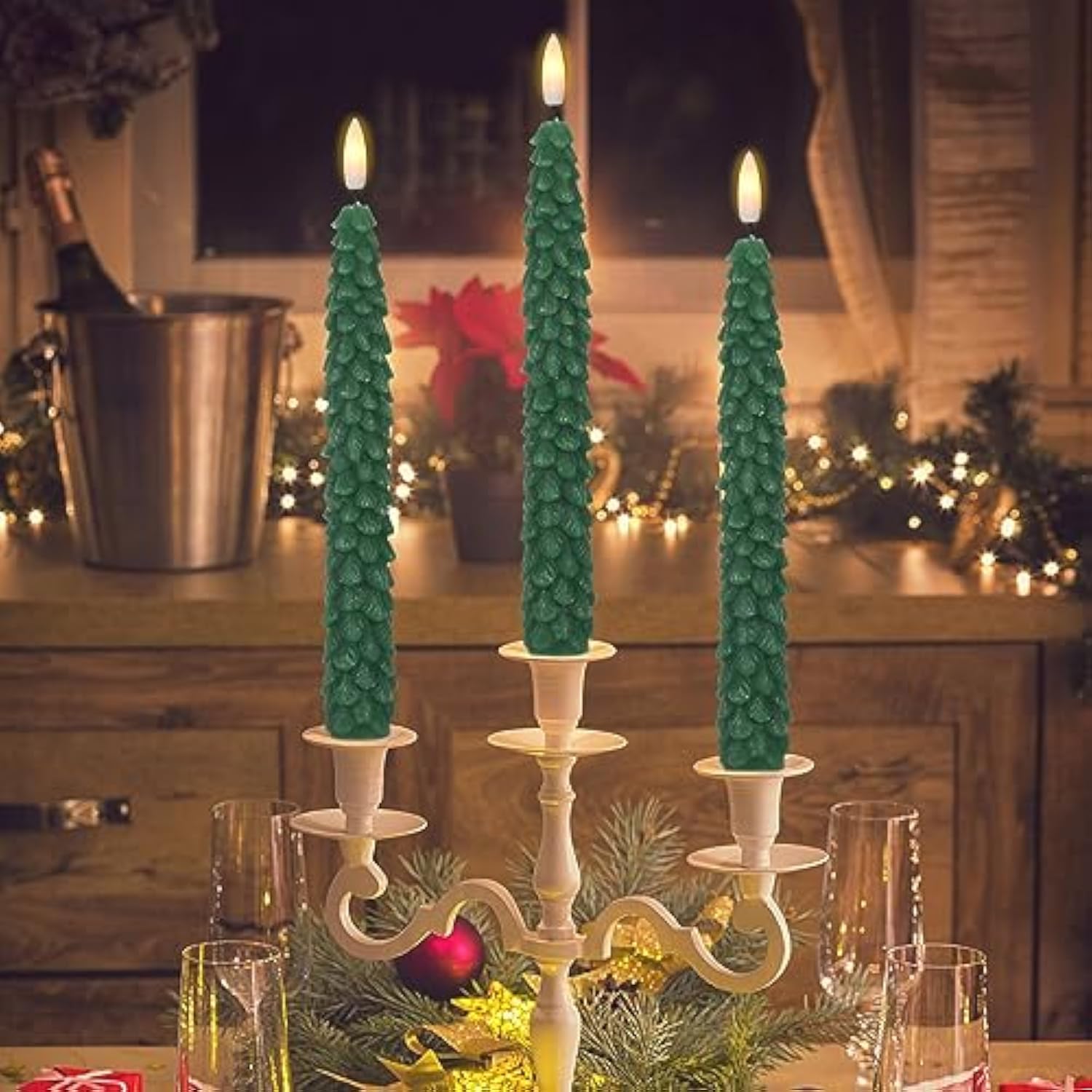 Christmas Tree Flameless Taper Candles Flickering With Remote Timer, Real Wax Led Battery Operated Candles Warm 3D Wick Christmas Home Wedding Decor(Green, 0.78 X 9.64 Inch)