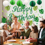 Birthday Decorations, No Diy, Pre-Strung Happy Birthday Banner With Honeycomb Balls, Hanging Swirls, Circle Dots Garland, Happy Birthday Party Decorations For Women Men Boys Girls (Green)