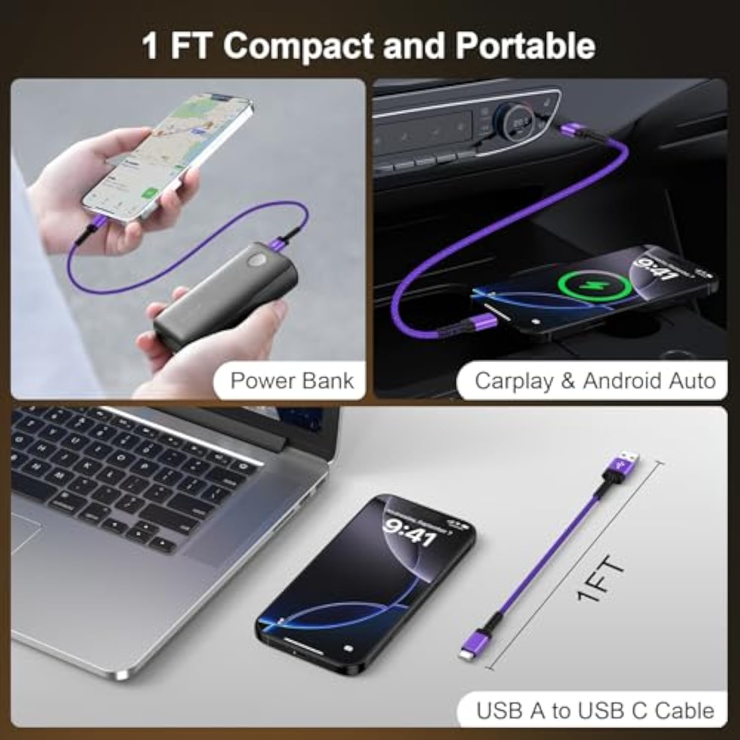 Short Usb A To Usb C Cable 1Ft,2Pack Usb A To Type C Fast Charging Cable 3A Android Charger Cord Nylon Braided For Samsung Galaxy S25 Edge/S25 Ultra/S24/S23/S22/S21/S20,Iphone 16/15 Pro Max,Power Bank