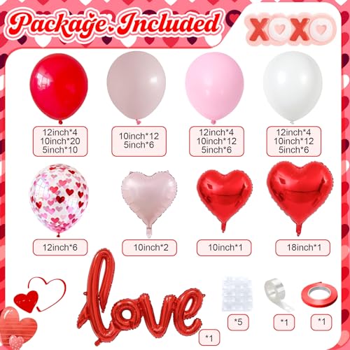 Valentines Day Balloon Arch Kit 114Pcs Red Pink White Balloon Garland Kit with Love Heart Foil Balloons Galentines Party Balloons Decorations for Marriage Proposal Engagement Wedding Mothers