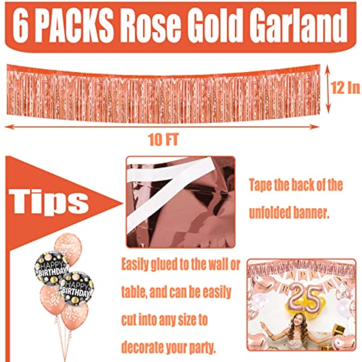 6 Pack 10 Feet Foil Fringe Garland Metallic Tinsel Streamers Banner Wall Hanging Curtain Backdrop For Parade Floats, Bachelorette, Wedding, Birthday, Halloween, Christmas Party Decorations(Rose Gold)