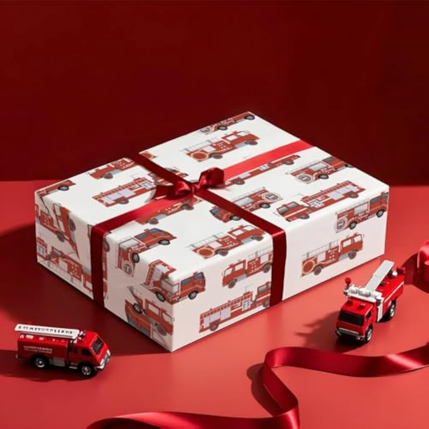 Fire Truck Wrapping Paper Roll - Mini Roll - 17 Inch X 16.5 Feet - Red Fire Engine Car Wrapping Paper, Perfect For Kids Boys Birthday, Baby Shower