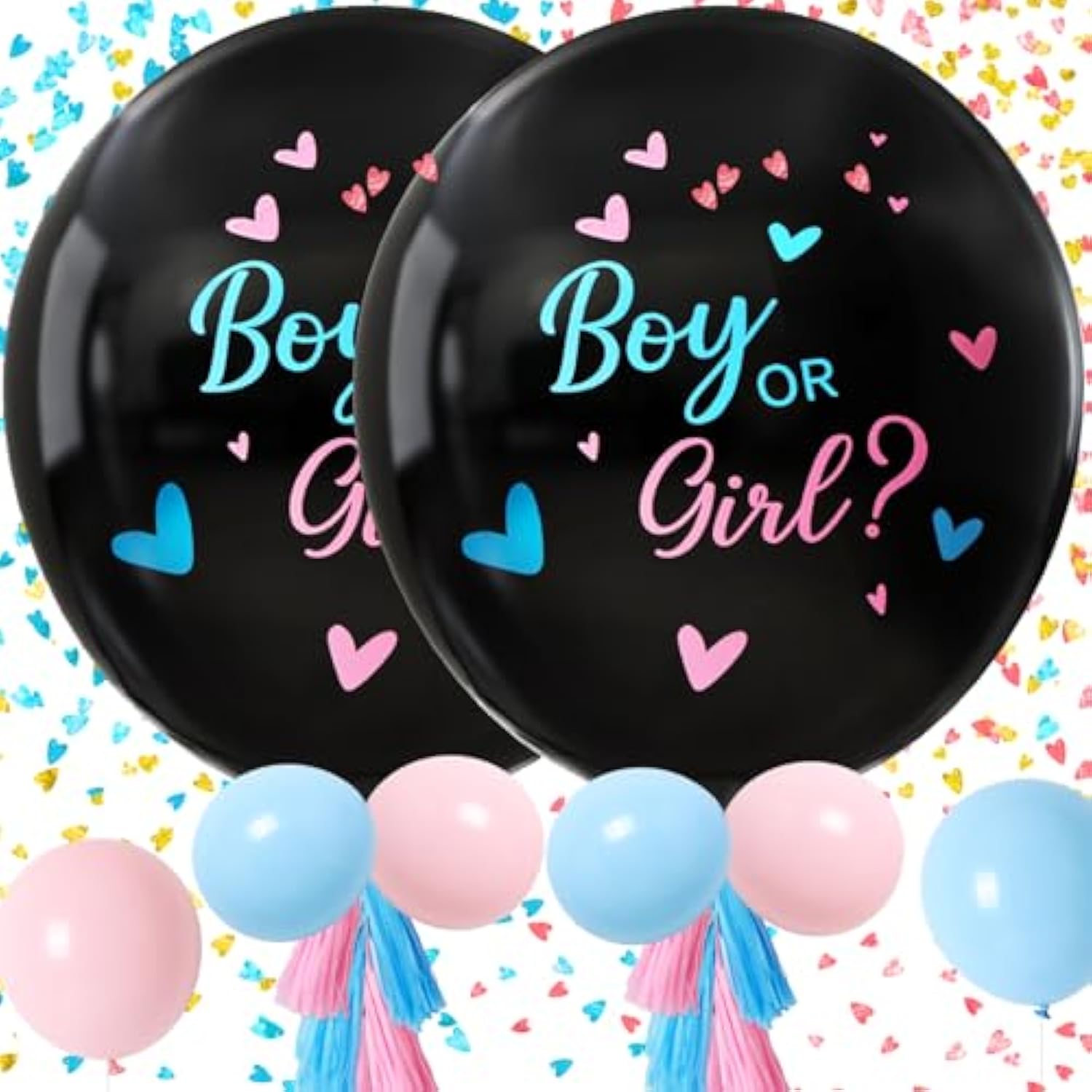 Gender Reveal Balloon Kit, 2Pcs 36" Jumbo Black Baby Boy Or Girl Balloons With Heart Shaped Paper Confetti, Blue Pink Balloons And Tassels For Baby Shower Gender Reveal Party