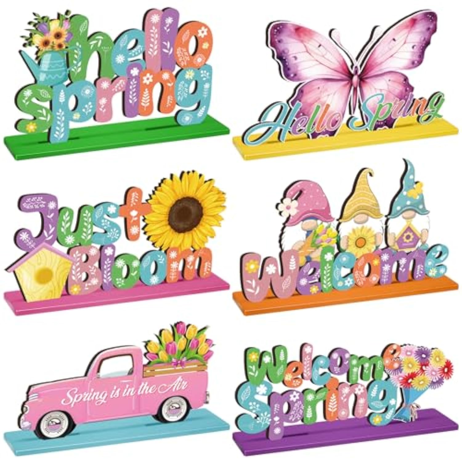 6 Pcs Spring Wooden Table Centerpiece Hello Spring Wooden Table Sign Flower Gnome Truck Butterfly Signs Farmhouse Wood Tabletop Decor For Home Party, 6 Styles