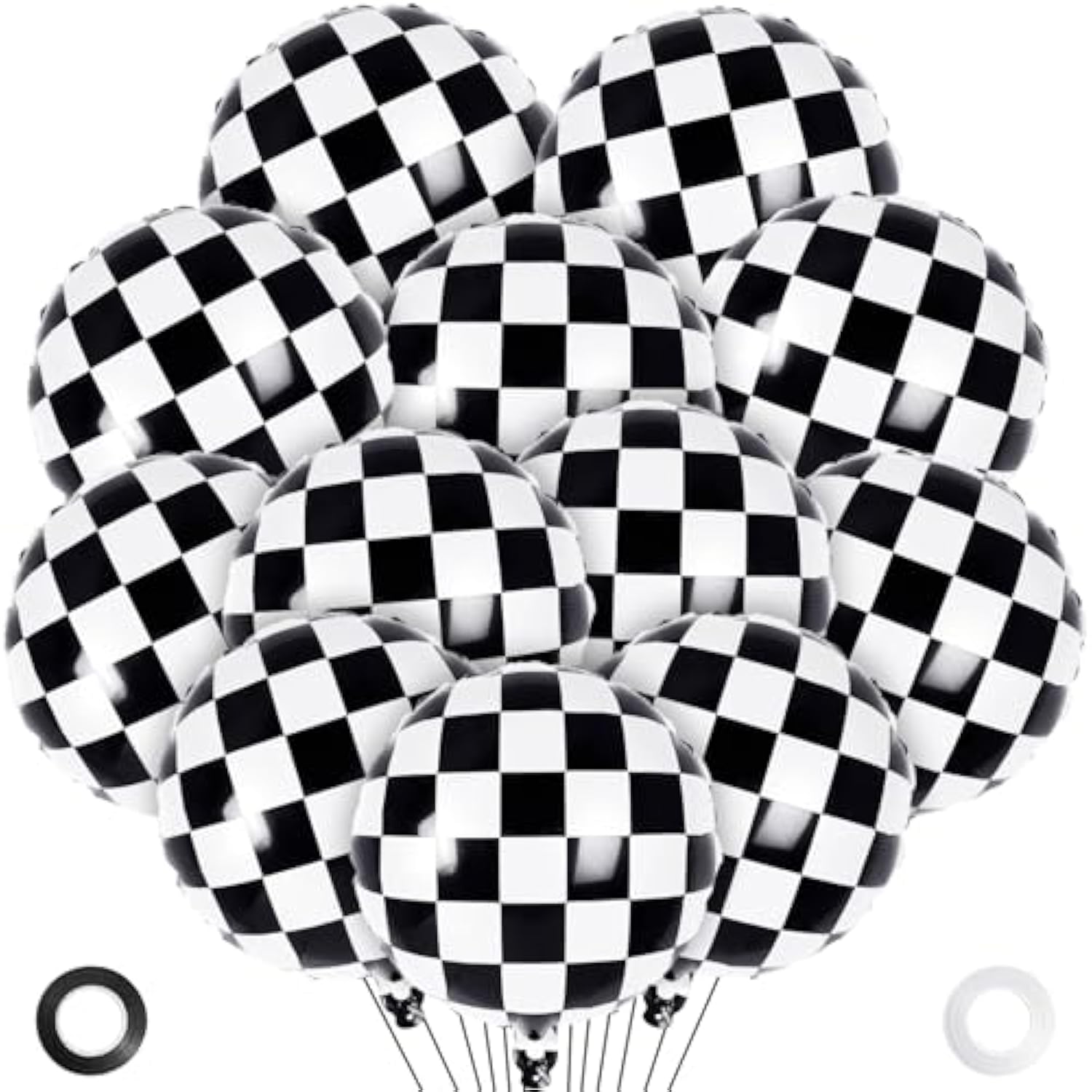 12 Pcs Checkered Racing Foil Balloons Black & White Mylar for Race Car Party Decor