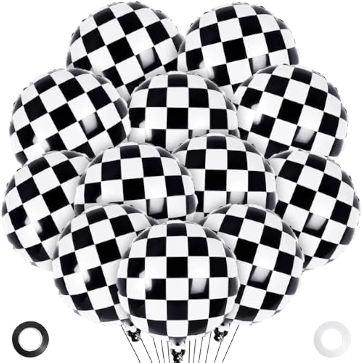 12 Pcs Checkered Racing Foil Balloons Black & White Mylar for Race Car Party Decor