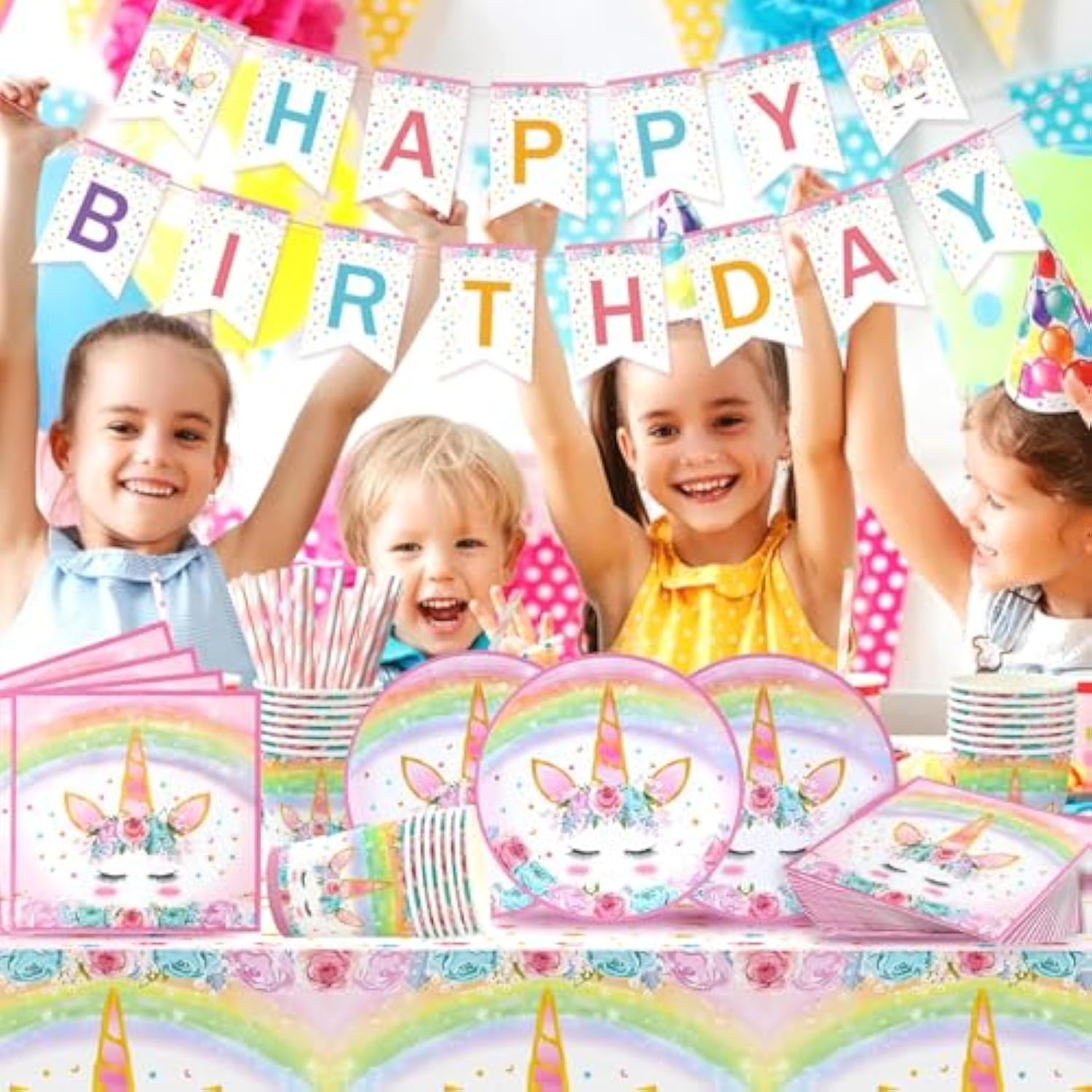 Unicorn Birthday Decorations For Girls - 82 Pcs Rainbow Unicorn Party Supplies Include Disposable Tableware, Tablecloths And Banners, Pink Floral Birthday Party Decor Serves 16