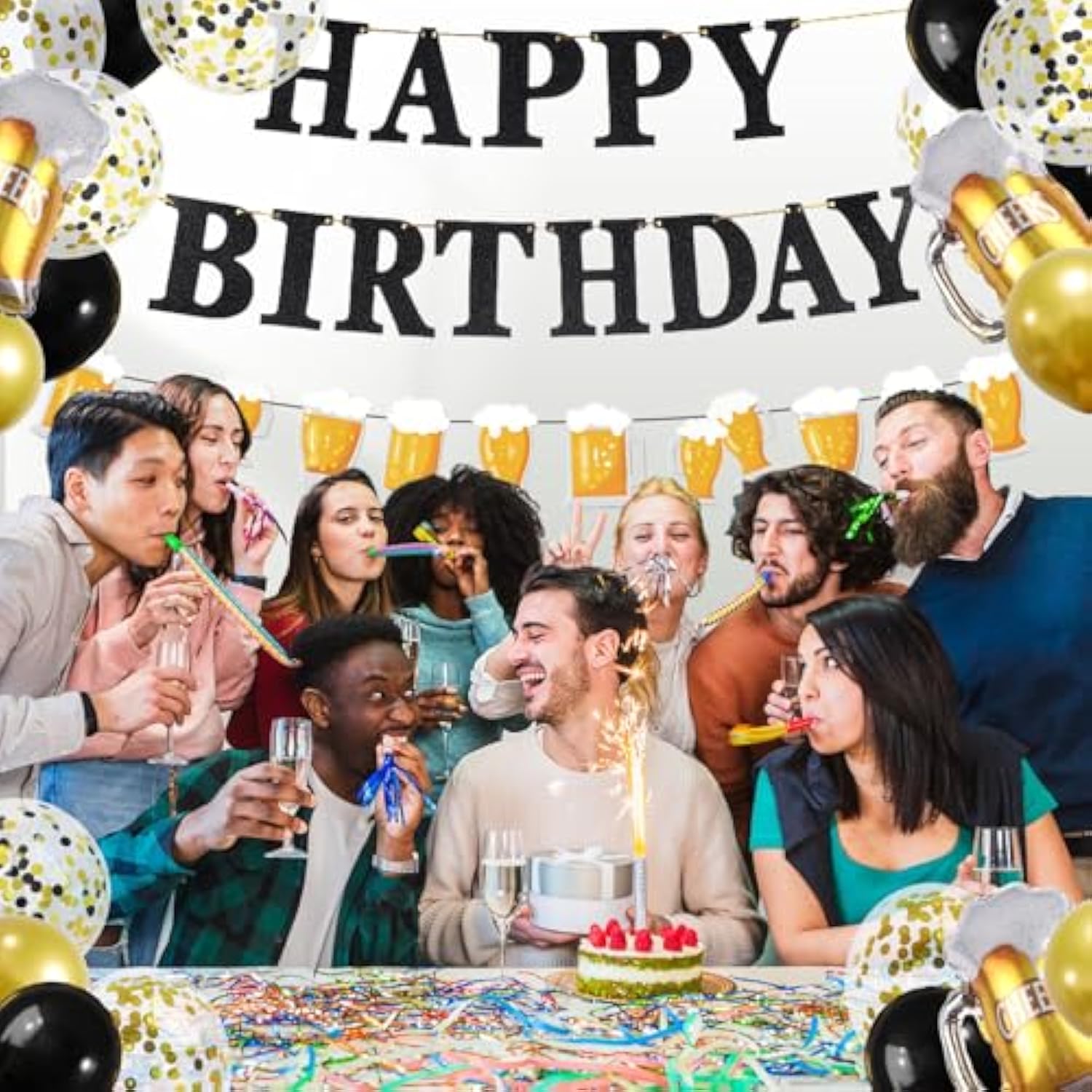 Black Gold Birthday Party Set Banner Balloons Themed Decor for Men Women