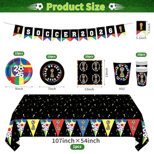 Soccer Party Decorations Set, Soccer Supplies Kit with Plates, Cups, Napkins, Tablecloth, Banner, Swirls, Honeycomb Centerpieces and Cake Toppers for Watch Parties, Game Day, Soccer Fans