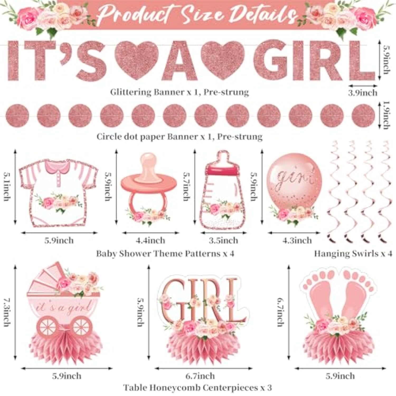 9Pcs Pink Rose Gold Baby Shower Decorations Kit For Girl, Floral It'S A Girl Gender Reveal Banner Table Centerpiece Hanging Swirls Set, Pregnancy Announcement Circle Dot Garland Banner Party Supplies