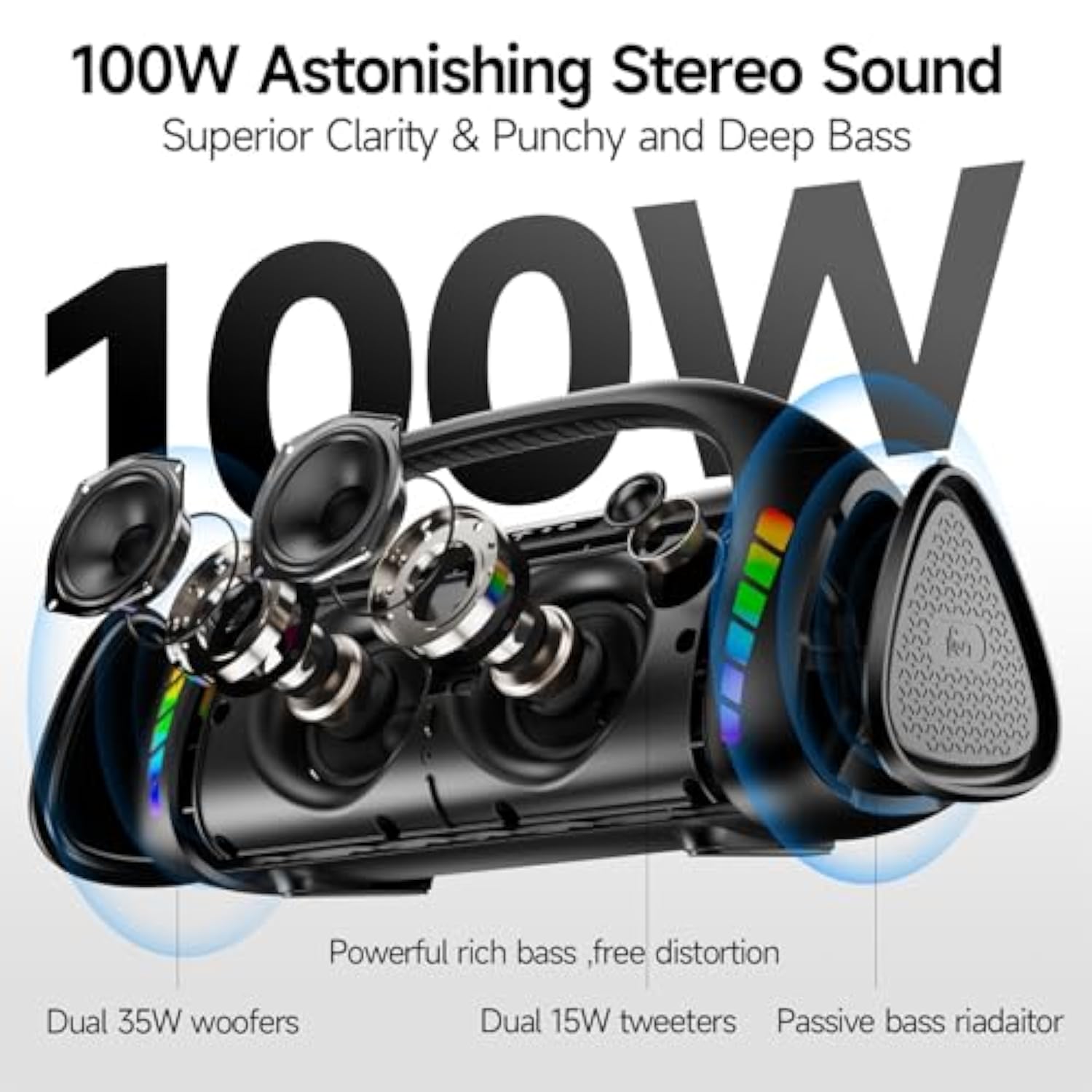 Lfs Outdoor Speaker,100W Loud Speakers Bluetooth Wireless With Subwoofer,Deep Bass, Portable Bluetooth Speaker With Power Bank, Led Lights,Usb-C,Waterproof, 30Hours Playtime For Home,Backyard,Camping