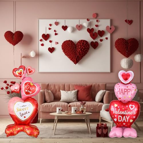 2Pcs Heart Balloons- Valentines Day Balloons Set, Red Pink Heart Love Standing Foil Balloons for Happy Valentines Day Proposal Wedding Anniversary Birthday Party Decorations