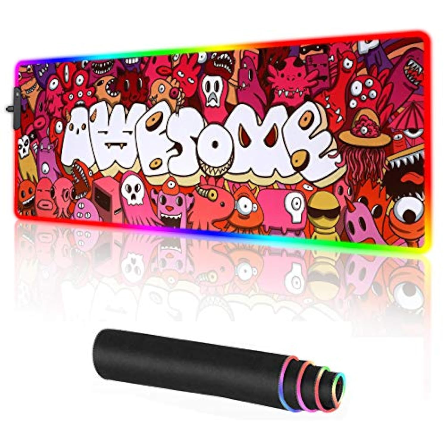 Rgb Gaming Mouse Pad Large Anime Graffiti Non-Slip Rubber Base Mice Keyboard Mat (Red)