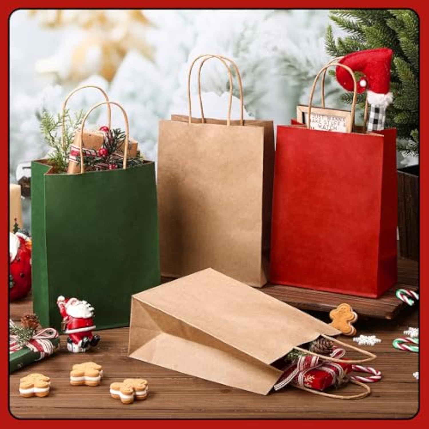 120 Pcs Brown Red And Green Christmas Gift Bags Holiday Gift Kraft Paper Bags With Handles For Wedding Baby Shower Bridal Shower Shopping Party Favor Business, 8.26 X 6.3 X 3.15 Inches
