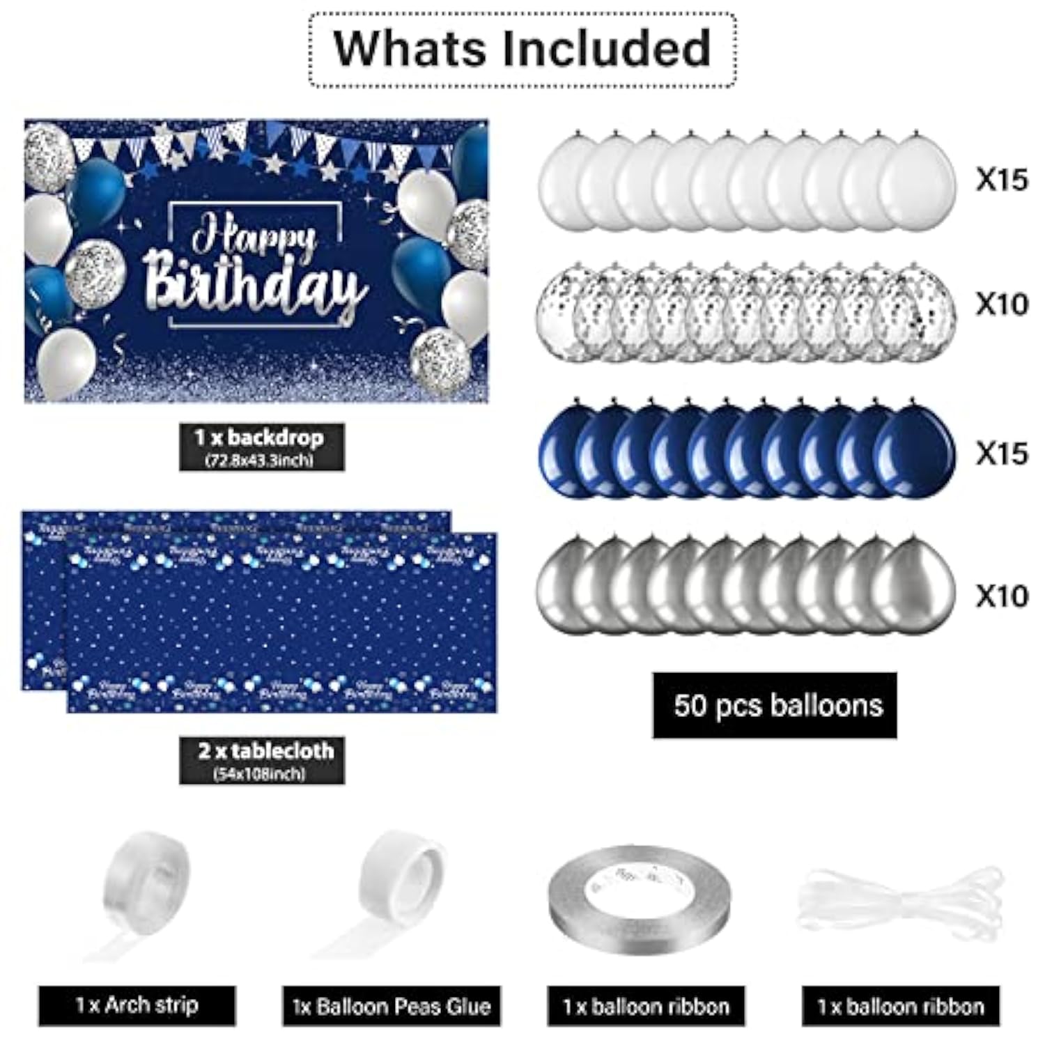 Birthday Party Decorations Confetti Balloons Kit Happy Birthday Photography Backdrop Banner Tablecloths For Boys Girls Men Women Birthday Party Supplies Decor(Navy Blue And Silver)