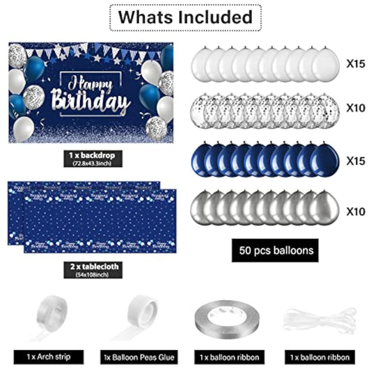 Birthday Party Decorations Confetti Balloons Kit Happy Birthday Photography Backdrop Banner Tablecloths For Boys Girls Men Women Birthday Party Supplies Decor(Navy Blue And Silver)