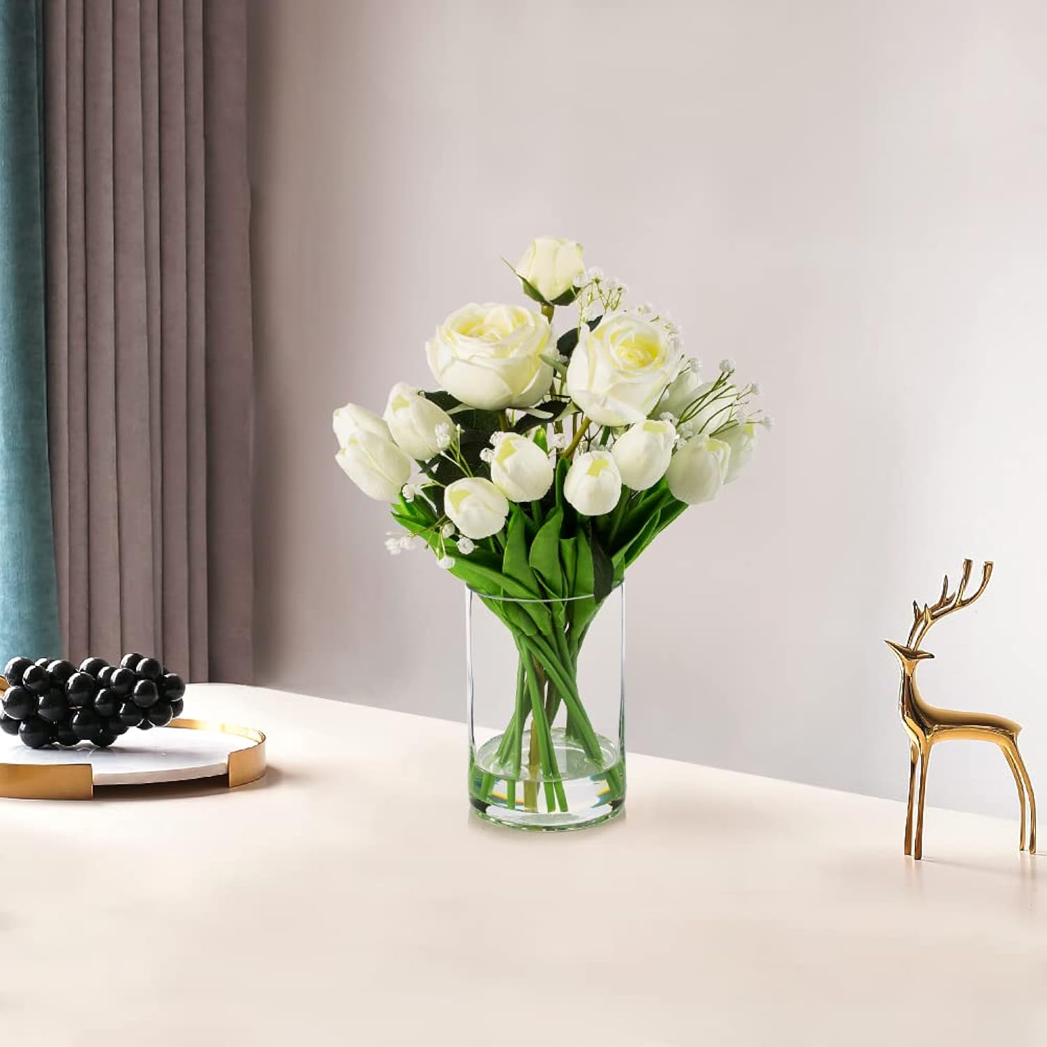 Mixed Rose Artificial Flowers And Tulips Flowers Real Touch In Glass Vase, Artificial Flowers In Vase With Faux Water For Dining Table Centerpieces, Wedding Event (White)