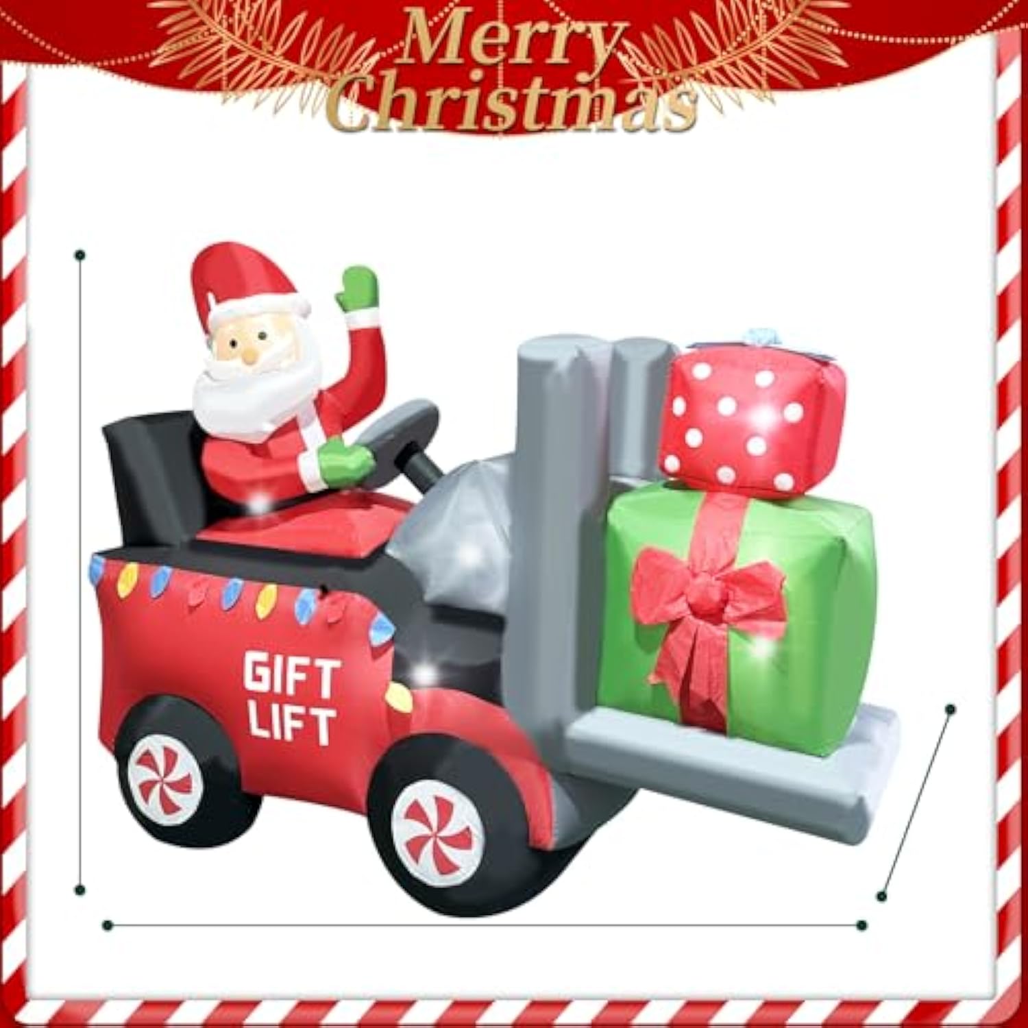 Christmas Inflatable 6.8 Length Santa Driving Gift Lift Car With Two Gift Boxes Blow Up Decoration For Xmas, Holiday Par
