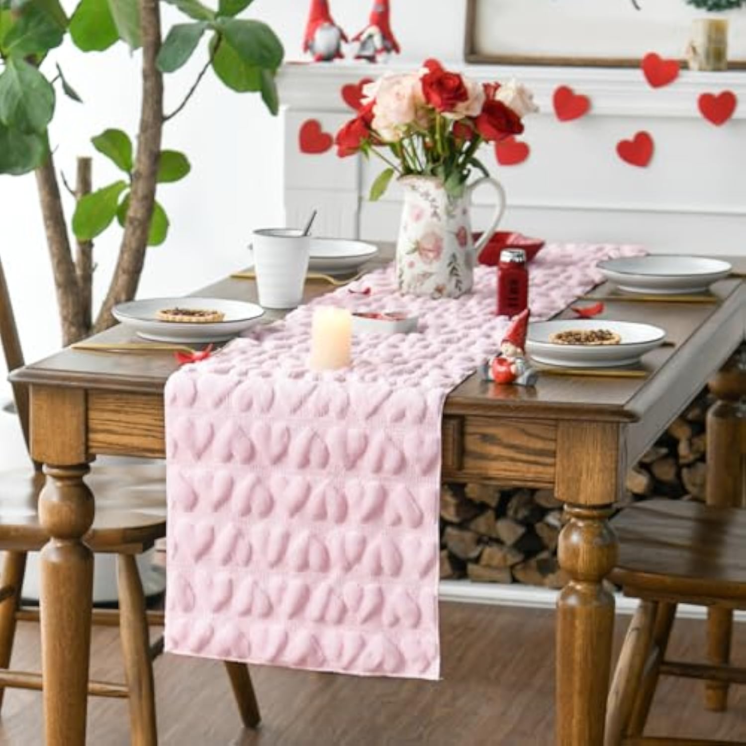 Pink Soft Plush Faux Fur Jacquard Heart Valentine'S Day Table Runner, Seasonal Kitchen Dining Table Decoration For Home Party Decor 13X72 Inch