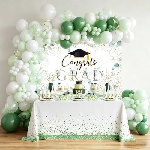 Greenery Graduation Backdrop 7x5ft - Congrats Grad Class of 2026 Graduate Party Background, Green Golden Leaves Graduation Party Decorations Photography Background