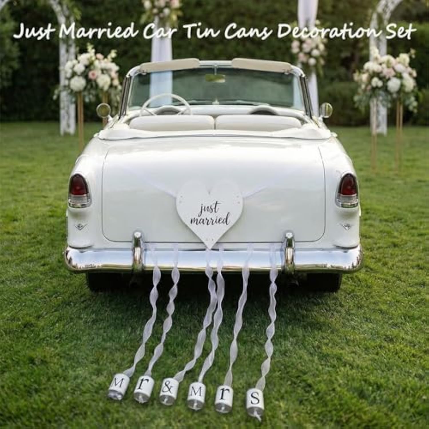 Mr & Mrs Wedding Tin Can Set With Heart “Just Married” Sign, Handmade Just Married Car Decorations For Wedding Getaway Decor
