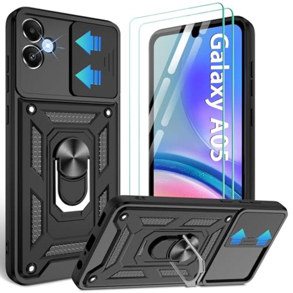 Samsung Galaxy A05 Case 2-Pack with Screen Protector Slide Camera Cover Black