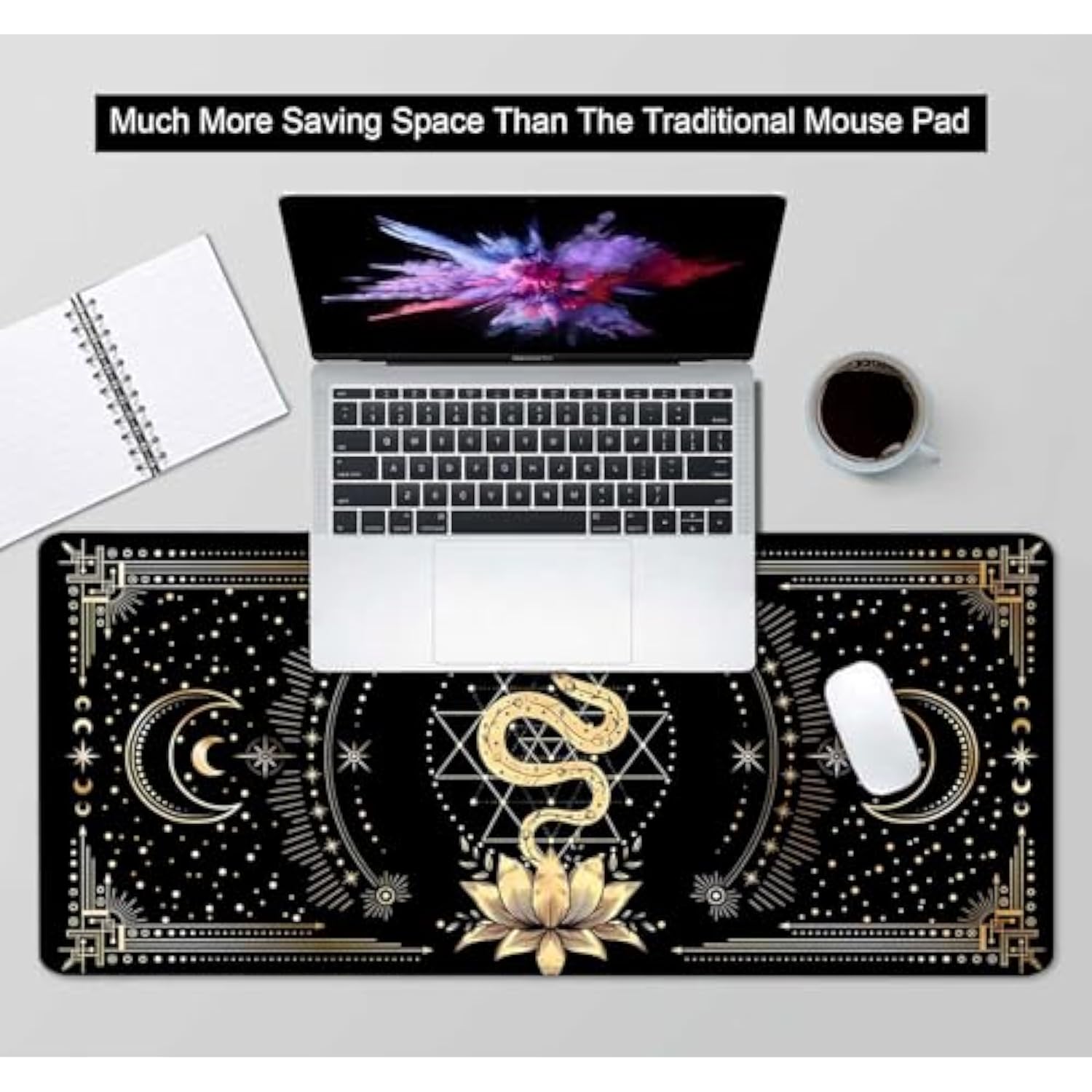 Black & Gold Large Mouse Pad, Boho Snake Witch Desk Mat For Desktop, Women Gaming Full Desk Mousepad, Moon Phases Computer Laptop Protector Writing Pad For School Office Home 35.4X15.7 In