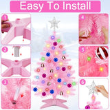[ Remote Control & 12 Modes ] 3 Ft Christmas Tree With Timer 50 Warm White & Multi Color Lights, 15 Diy Ornaments 3D Star Topper - Artificial Small Pink Christmas Tree For Home Indoor Tables - Pink