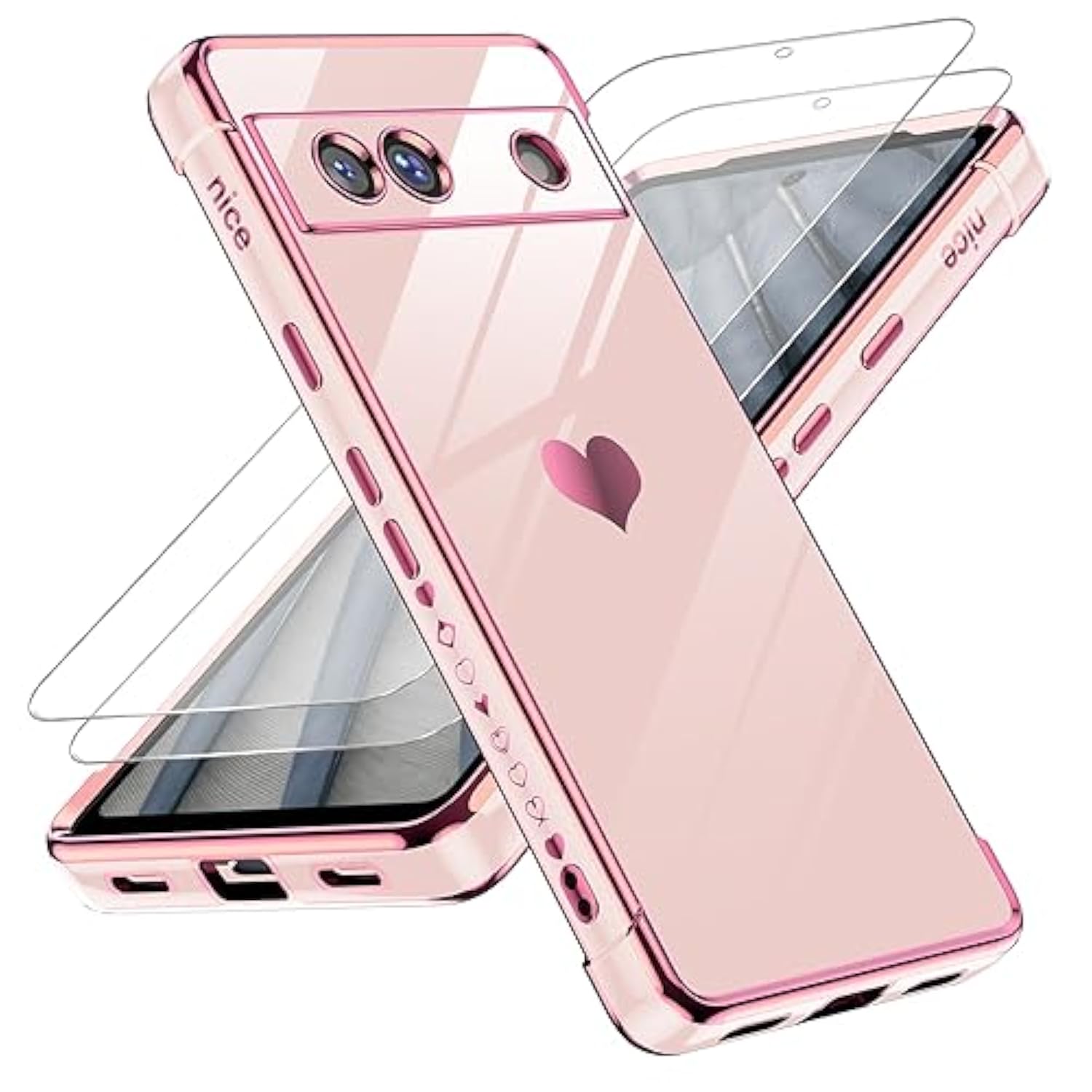 For Google Pixel 7A Case: With Tempered Glass Screen Protector [2 Pcs]+ Full Camera Lens Protection, Love Heart Plating Girly Women Cute Luxury Soft Tpu Shockproof Case, Pink