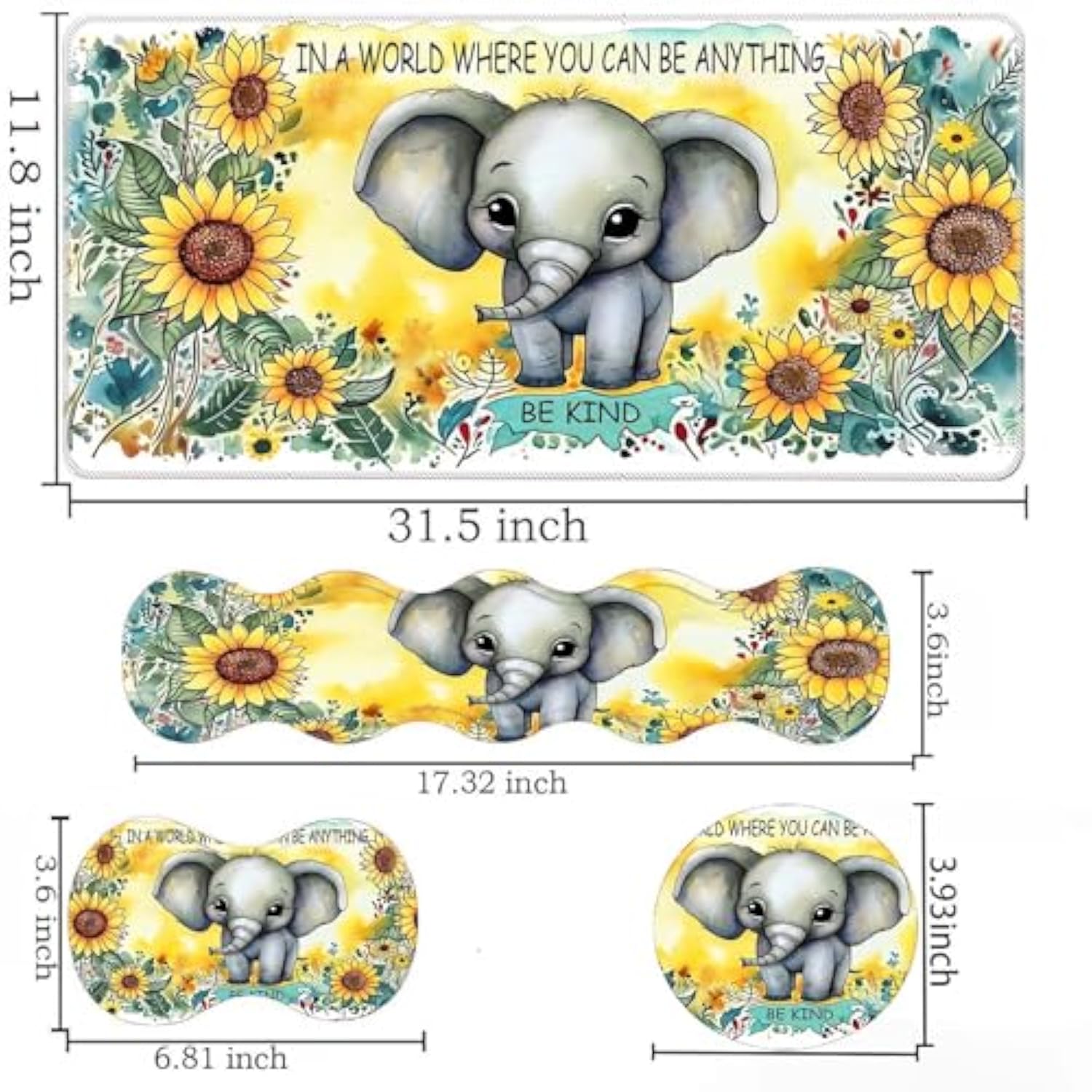 Keyboard Mouse Pad Set,Large Desk Pad+Keyboard Wrist Rest+Mouse Pad Wrist Support+Coaster,Easy Typing Pain Relief Non-Slip Mousepad Wrist Support Mousepad Set Home Office,Sunflower Elephant