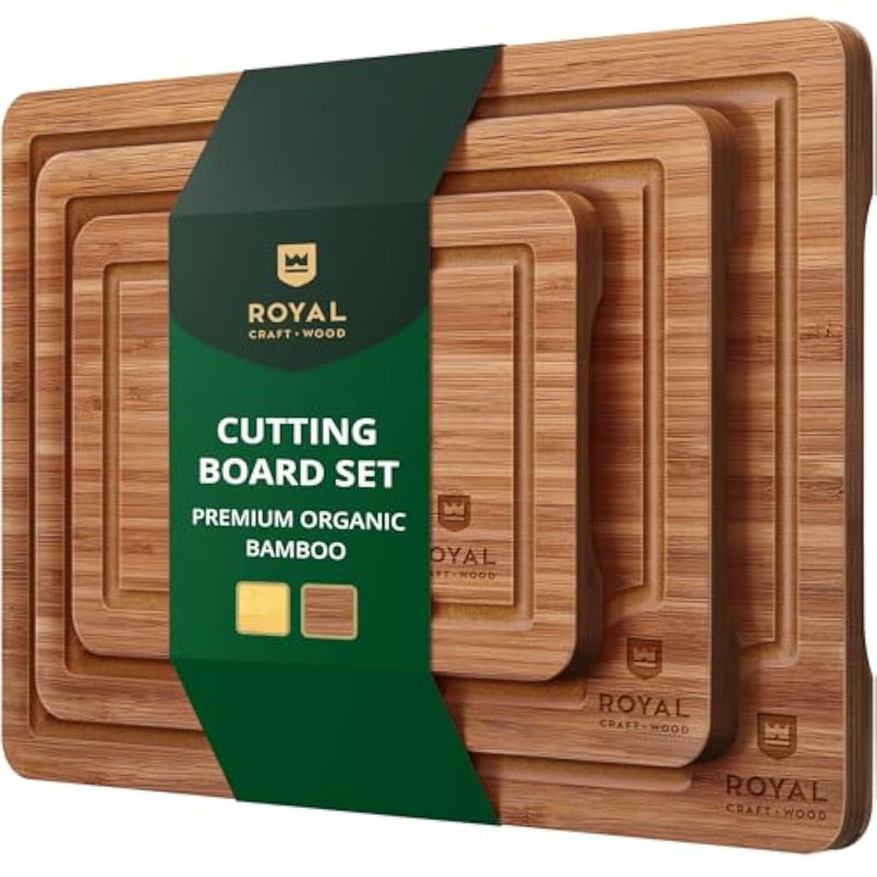 Wooden Cutting Boards For Kitchen Meal Prep & Serving - Bamboo Wood Serving Board Set With Deep Juice Groove Side Handles - Charcuterie & Chopping Butcher Block For Meat (3 Pcs)
