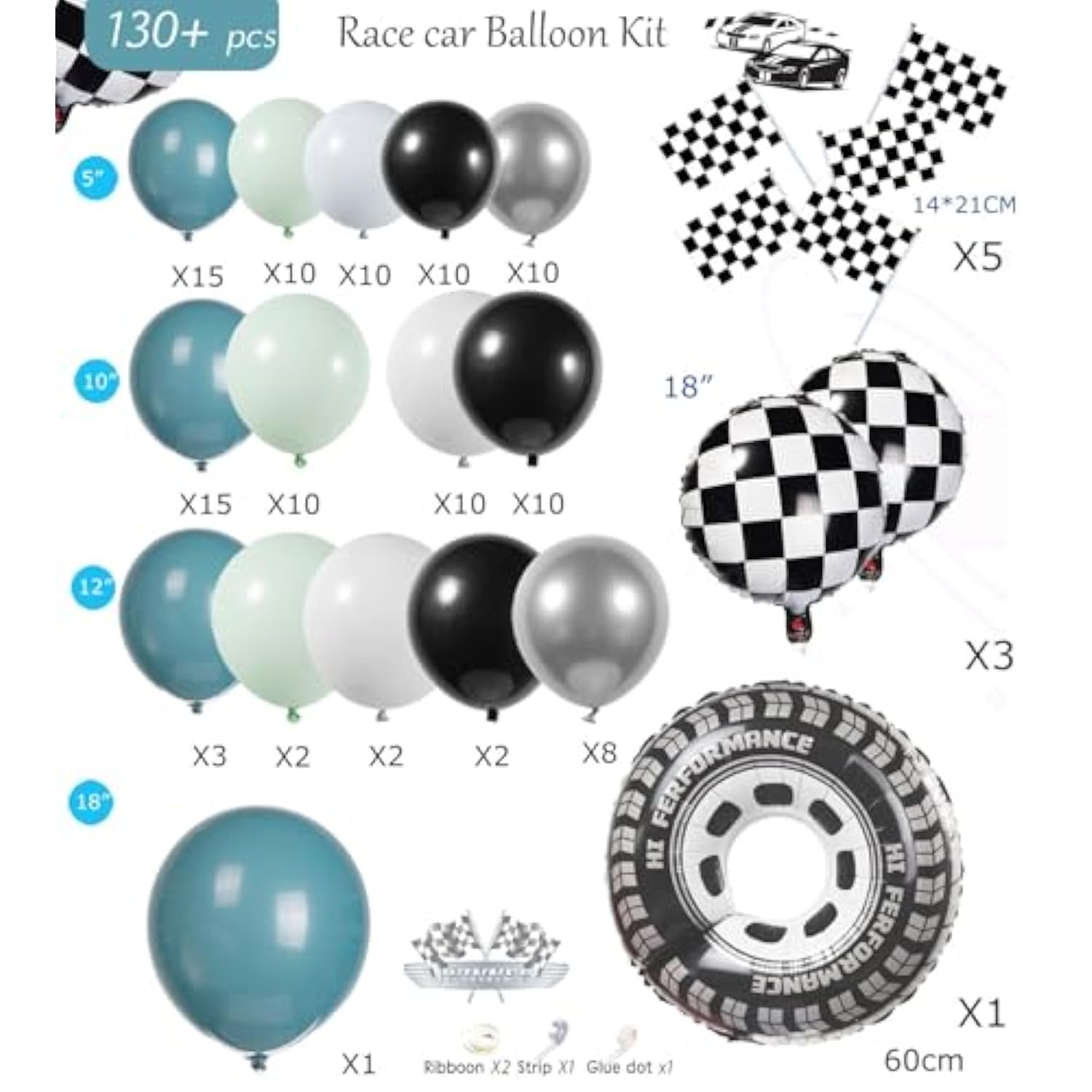 Race Car Balloon Garland Kit 130Pcs Two Fast Birthday Decorations Blue And Green White & Checkered Flag Balloons, Race Cars Party Supplies
