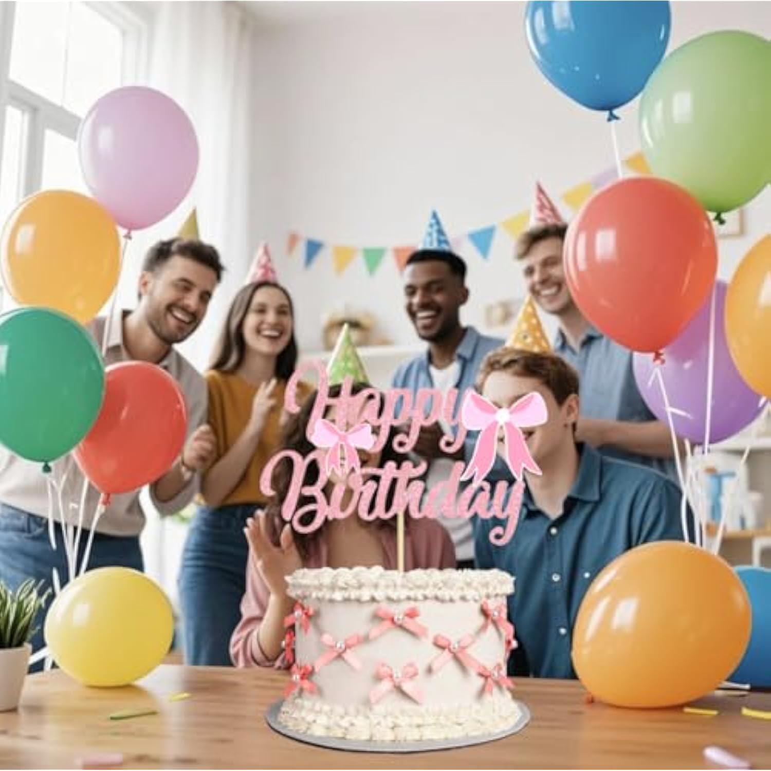 12Pcs Mini Pink Bow And Pearl Cake Toppers, 1 Pc Happy Birthday Sign,Coquette Cake Toppers For Pink Bow Birthday Decorations, Baby Shower, Bridal Shower, Graduation Party, Bachelorette Party