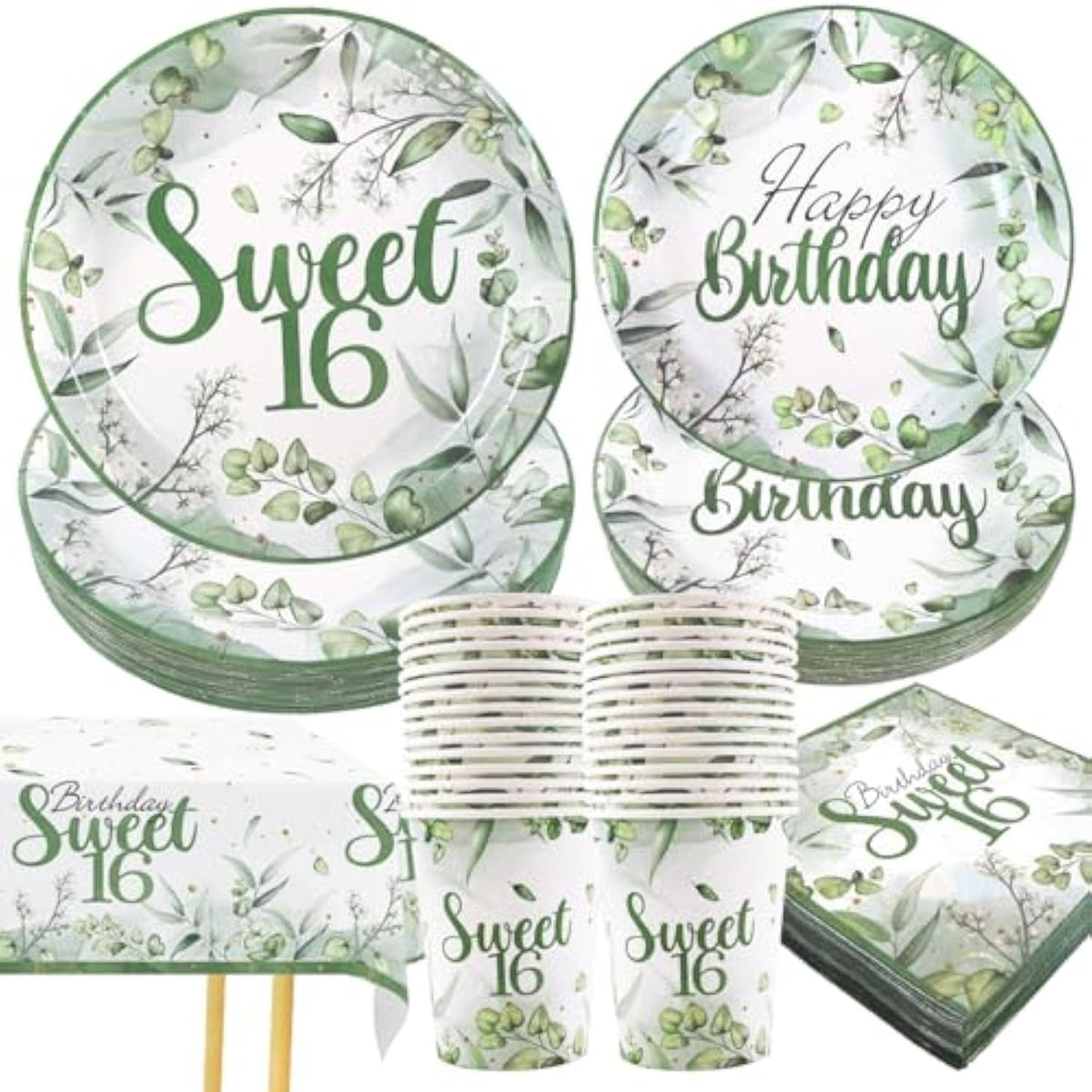 Sweet 16 Party Decorations, Sage Green 16Th Birthday Decorations For Girls 30 Guests Including Paper Plates And Napkins Cups And Tablecloth Set For Her Birthday Party Supplies