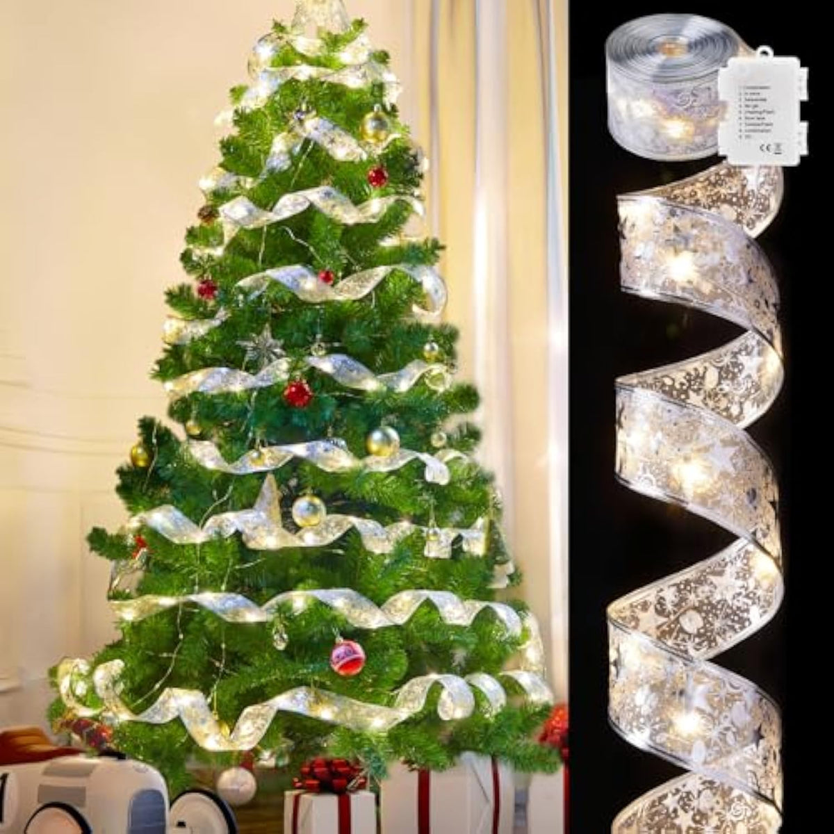 Christmas Tree Ribbon String Lights - 33Ft 100 Led Battery Powered Fairy Lights With Timer