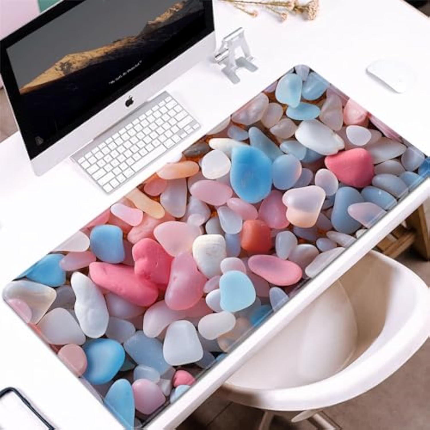 Large Mouse Pad,Edge Stitched Mousepad,Non-Slip Laptop Desk Mat, Desk Writing Pad For Office And Home,31.5 X 13.8 Inch - Colorful Small Pebbles Stone