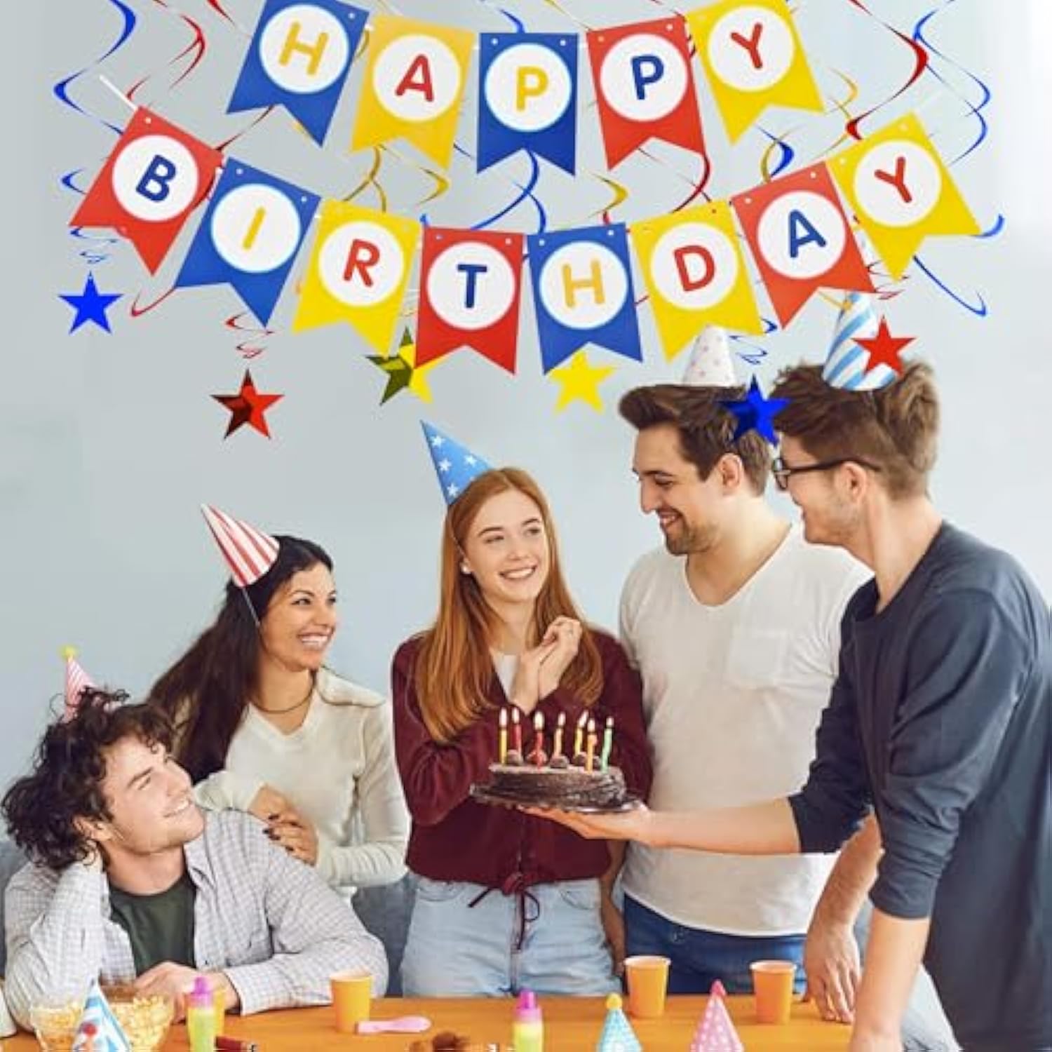 Happy Birthday Banner With 12Pcs Stars Hanging Swirls Garland Party Decorations Sets For Kids Girls Birthday Party Supplies