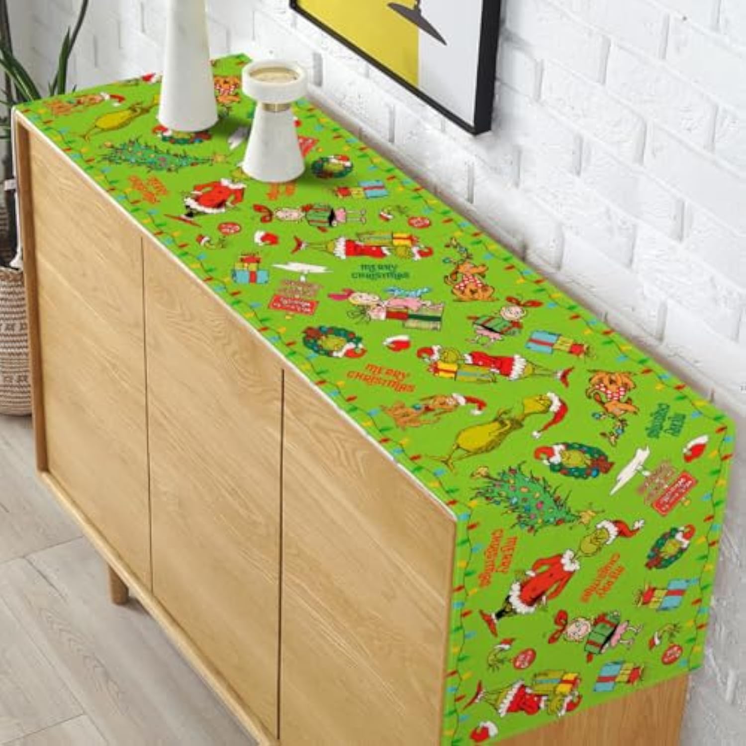 Merry Christmas Table Runner Christmas Xmas Winter Holiday Season Party Decorations Kitchen Fireplace Dining Room Home Decor (Green, 13" X 72")