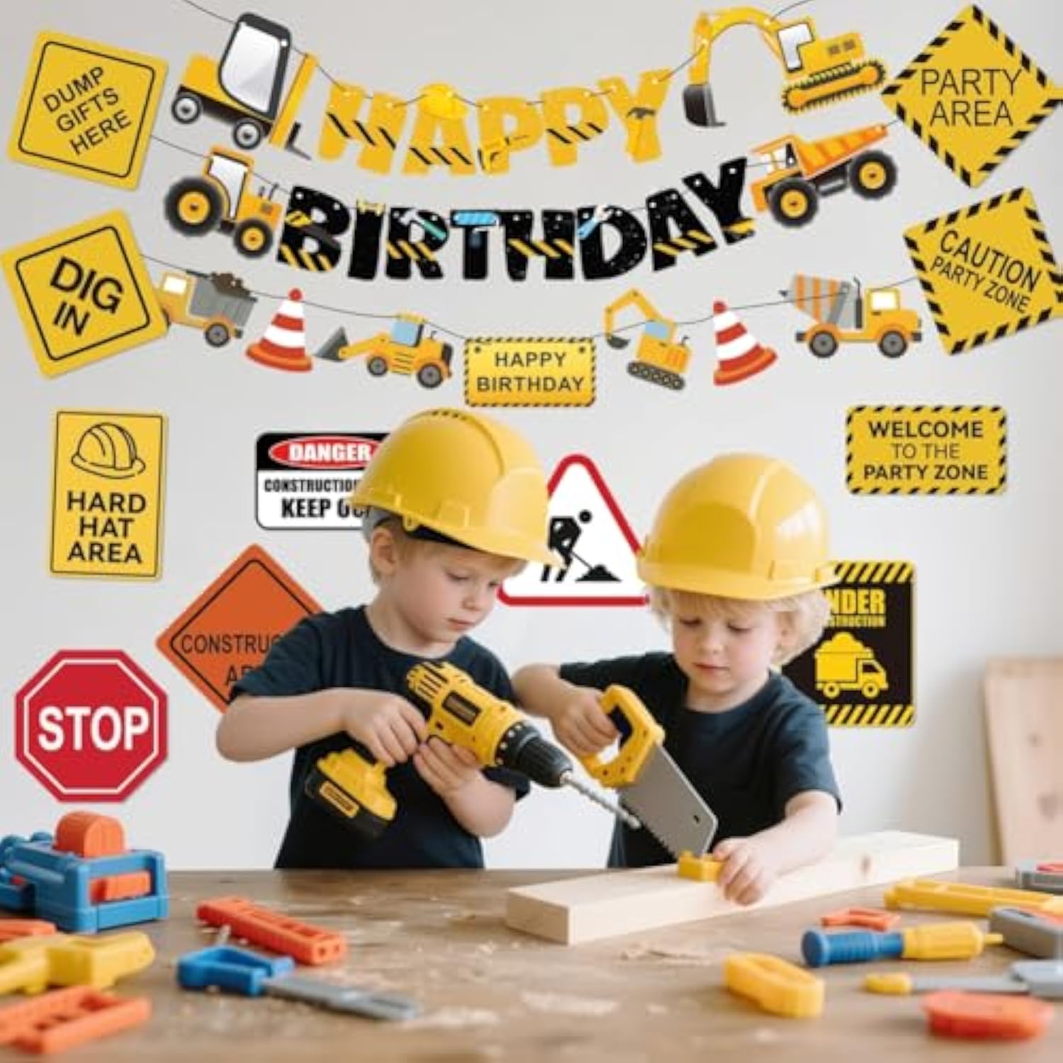 14 Packs Construction Happy Birthday Banner Vehicle Truck Garlands And Truck Cutouts Traffic Road Signs Birthday Party Decorations For Kids Boy Baby Shower Decorations (Construction)